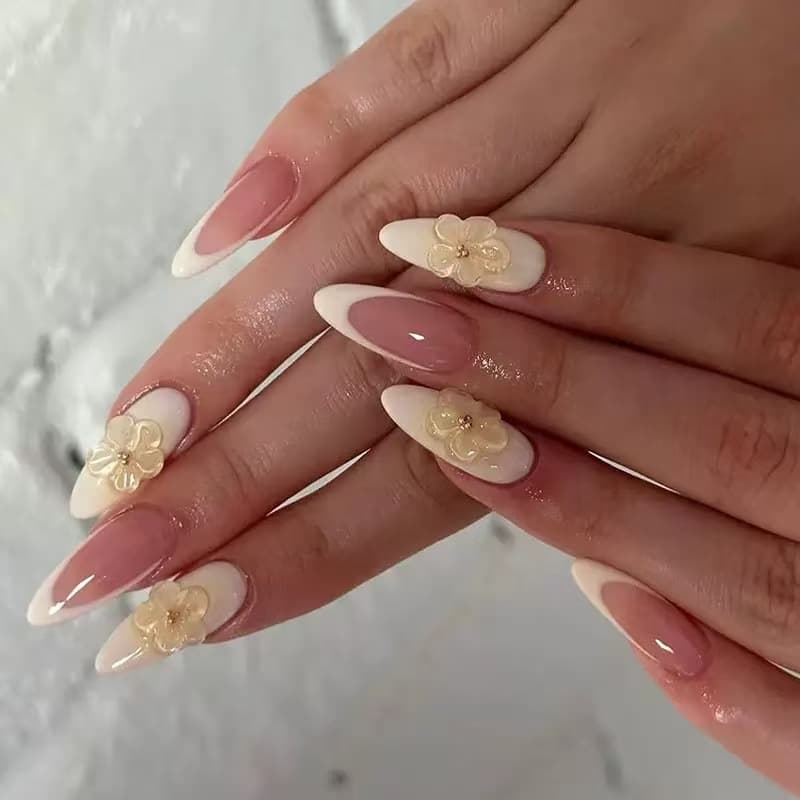 Gradient Cream French 3D Floral Nail Art Rhinestones 24pcs Export Carved False Nail Tips Epoxy 3D Wearable Nails