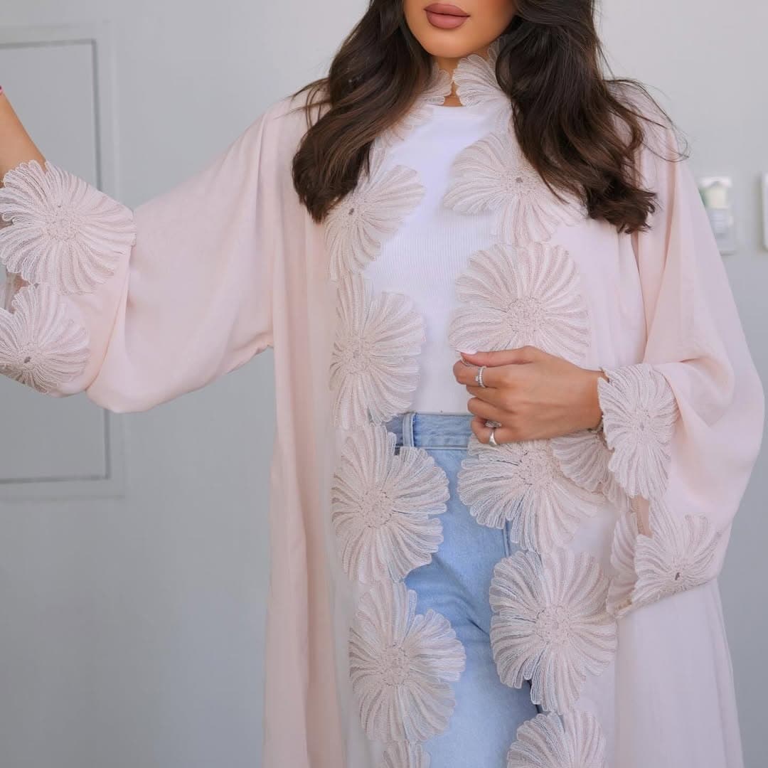 MQ242 2025 Summer New Modest Cardigan Women's Elegant Floral Applique Long Dress Cross-Border Long Coat