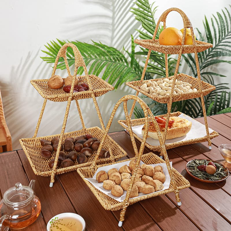 Rattan Woven Multi-Layer Fruit Basket Tea Time Snack Tray Candy Storage Rack Home Use Afternoon Tea Party Fire Pit Cooking