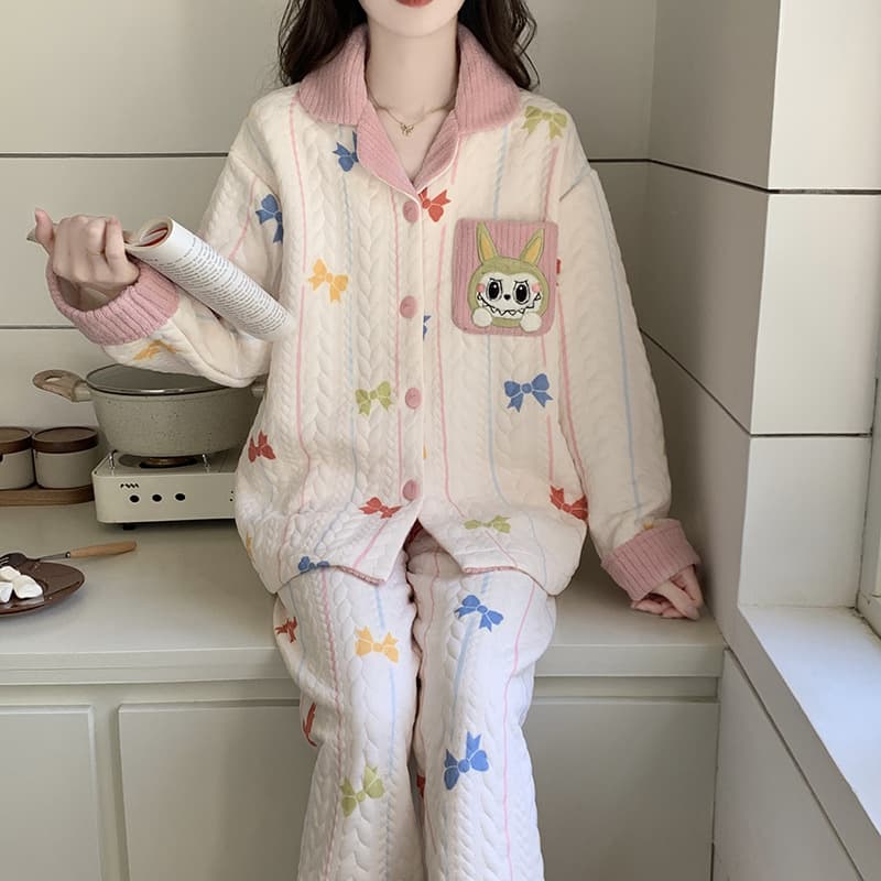 New Air Cotton Layered Pajamas for Women Fall Winter Cute Cartoon Cardigan Long Sleeve Thick Homewear Set