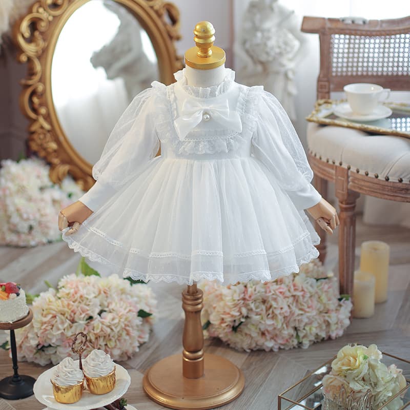 Girls' Autumn/Winter White Dress Wedding Flower Girl Princess Dress Baby Birthday Fleece-Lined Children's Dress