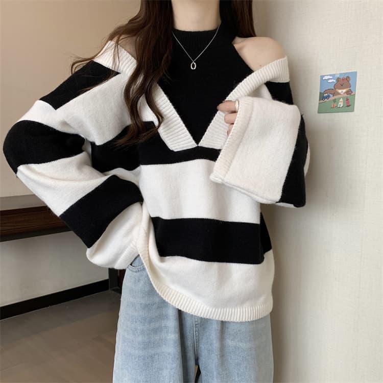 Faux Two-Piece Off-Shoulder Long-Sleeve Pullover Sweater for Women 2025 New Autumn/Winter Stylish Loose Slimming Unique Top