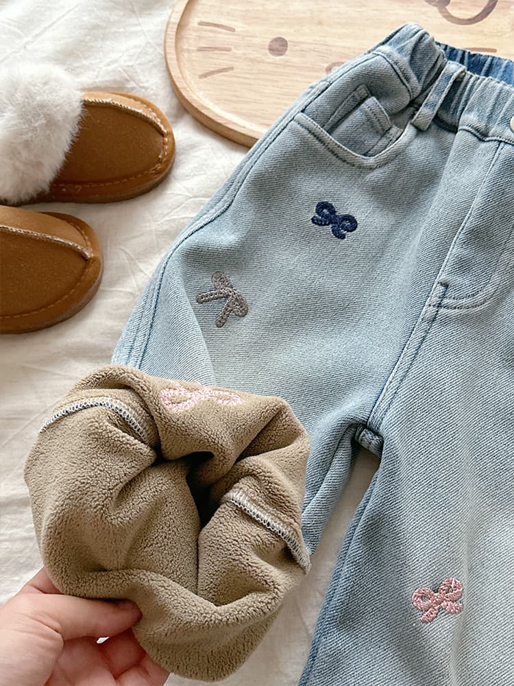 Girls' Winter Warm Fleece Bow Jeans 2025 New Kids' Thickened Integrated Fleece Pants