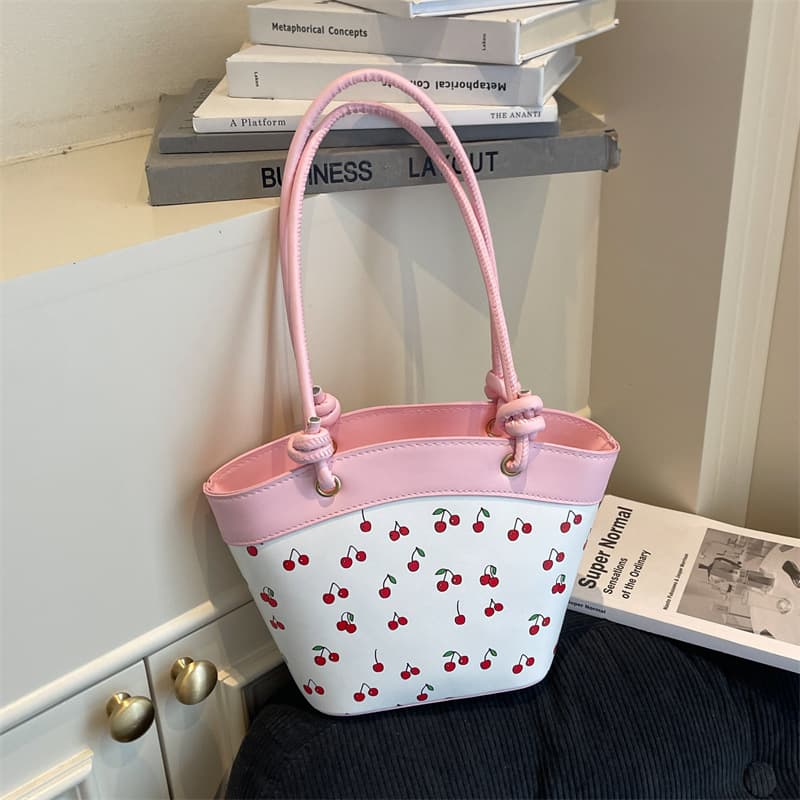 2025 New Trendy Cherry Fashion Ins Cute Shoulder Bag Stylish Niche Commuter Bucket Bag Sweet Style Women's Bag