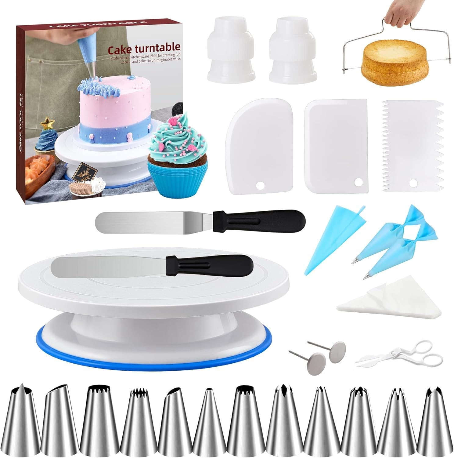 Amazon 82-Piece Cake Turntable Set with Piping Tips, Bags, Cream Scrapers, and Icing Baking Tool Kit