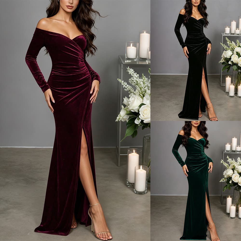 European and American Amazon one-shoulder velvet fishtail dress long-sleeved high slit slim-fit evening long dress