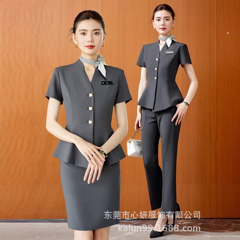 Short-Sleeved Two-Piece Suit Set 2026 New Style Waist-Cinching Suit Uniform Hotel Front Desk Workwear Ruffled Suit
