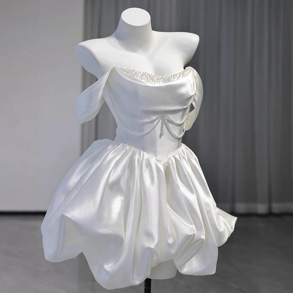 Satin Off-Shoulder Light Wedding Dress French Style Short Registration Ceremony Gown Birthday Party Banquet White Mini Dress