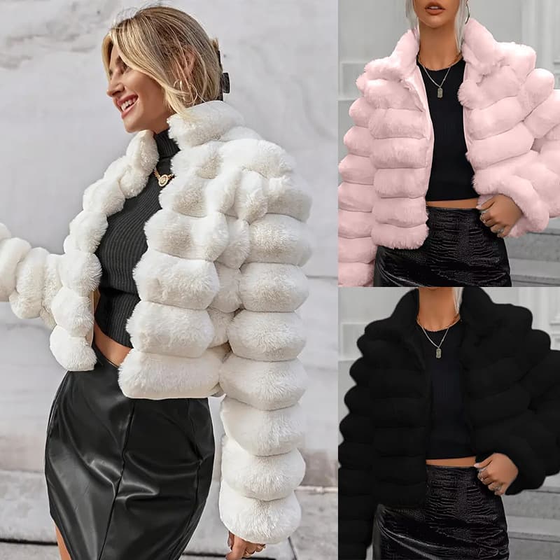 Short Women's Autumn Winter Faux Fur Jacket Versatile Luxury Style Elegant Double Layer Collar Long Sleeve Coat for Adults