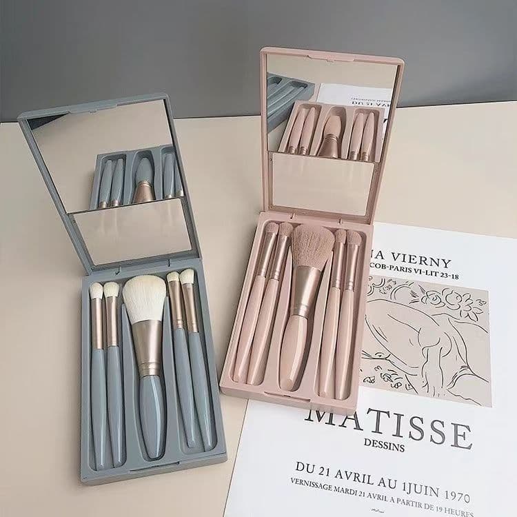 New 5-Piece Makeup Brush Set with Mirror, Portable Boxed Full Set Cosmetics Brushes