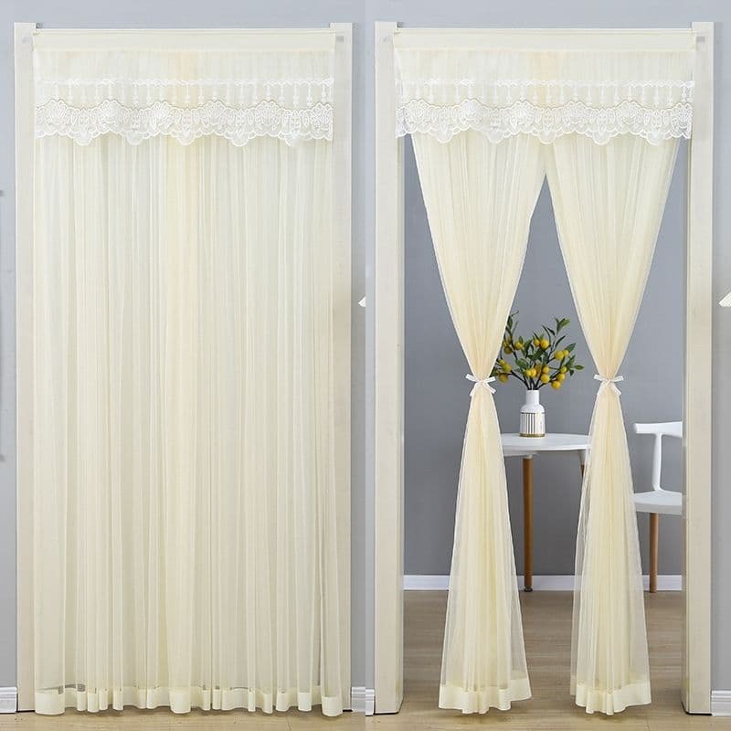 Lace Door Curtain Double Layer Non-Transparent Long Gauze Curtain for Bedroom Kitchen No-Drill Partition Curtain Summer Mosquito-Proof Door Curtain