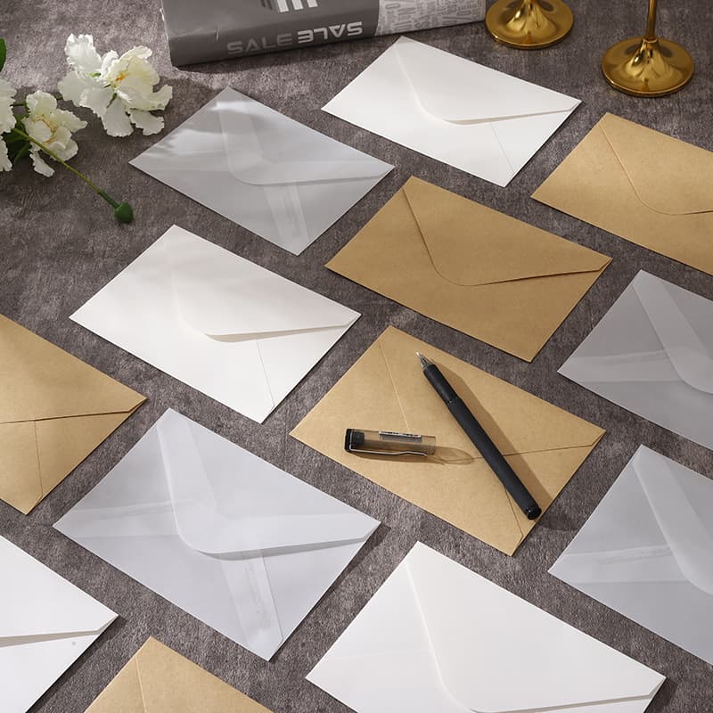 In-stock blank semi-transparent tracing paper, European-style white kraft, and fine kraft paper envelopes with logo printing and customization options.