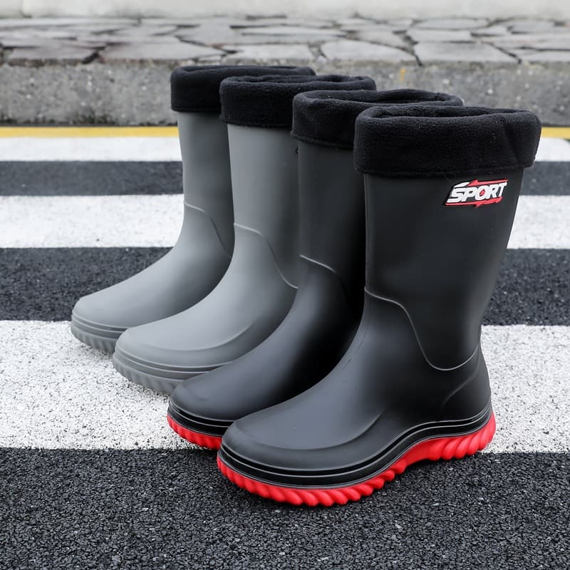 Cross-border fashion drawstring men's rain boots, high-top rain boots, non-slip water shoes, mid-calf fleece-lined rubber shoes, kitchen fishing work shoes