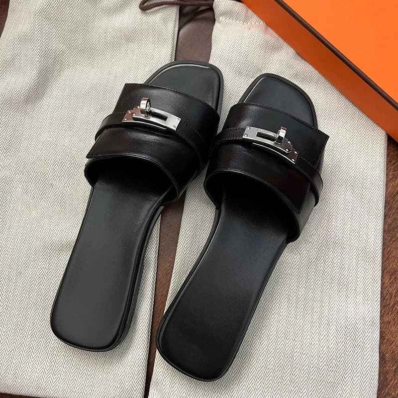 Slimming! French Retro Black Genuine Leather Buckle Flat Slide Sandals for Women, Summer Outdoor Half Slippers