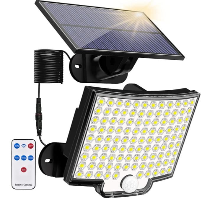 Solar split wall lamp with 106 LEDs, remote control, human motion sensor, for indoor and outdoor use