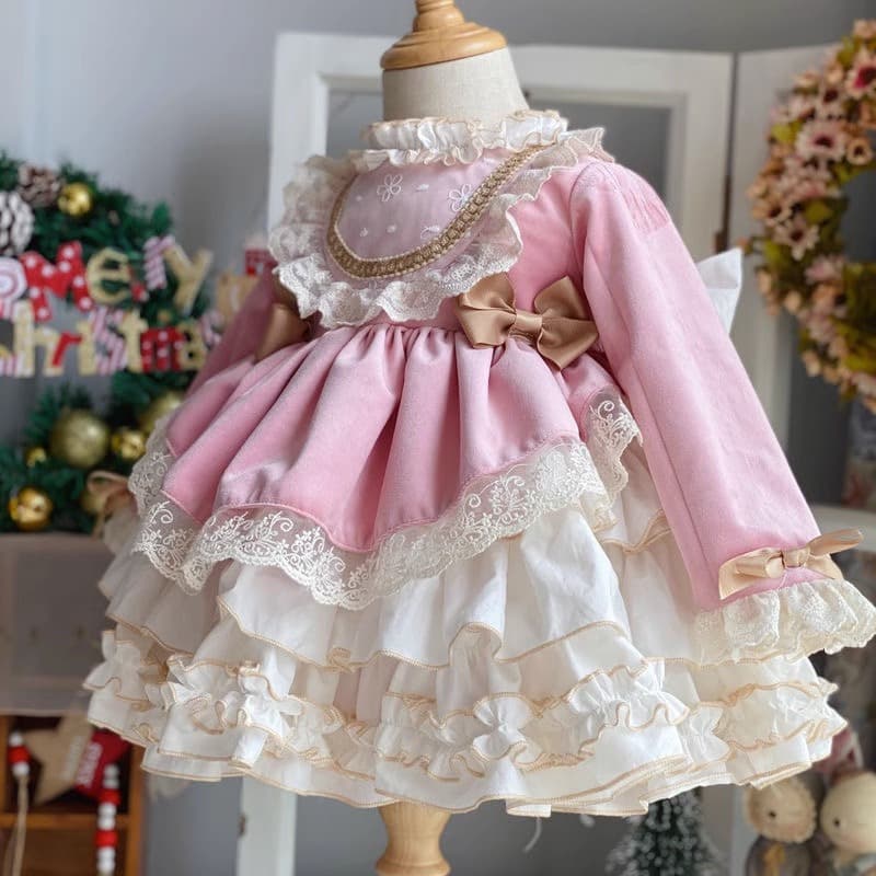 Super Fairy Girl Lolita Princess Dress Long Sleeve Puffy Cake Dress Pink Runaway Princess Dress Birthday First Birthday Gown
