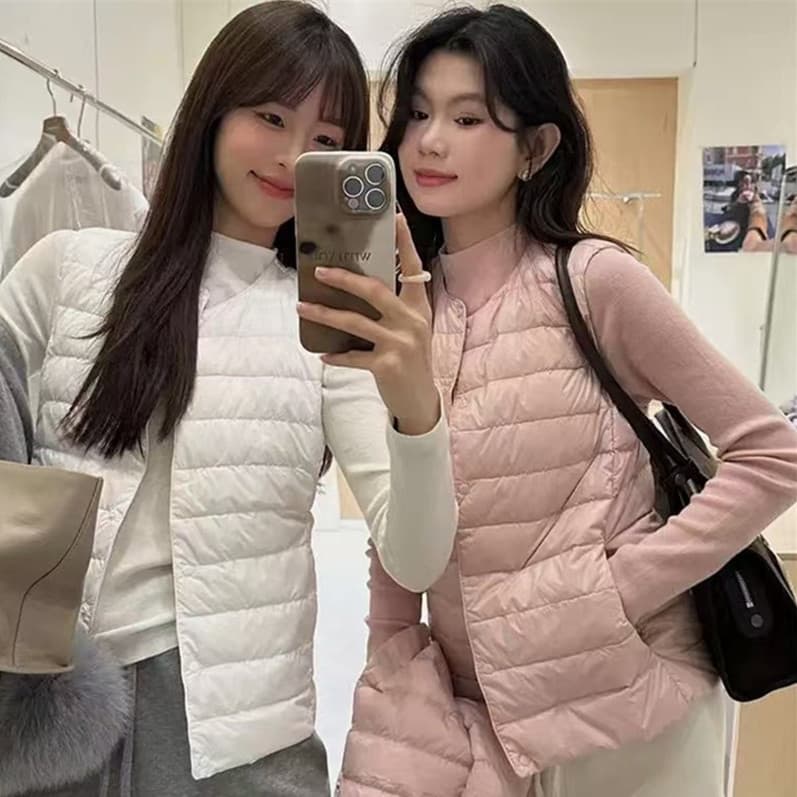 2025 Autumn Winter New Youjia Lightweight Down Vest for Women, Round Neck Outer Wear Collarless Lightweight Thin Warm Vest