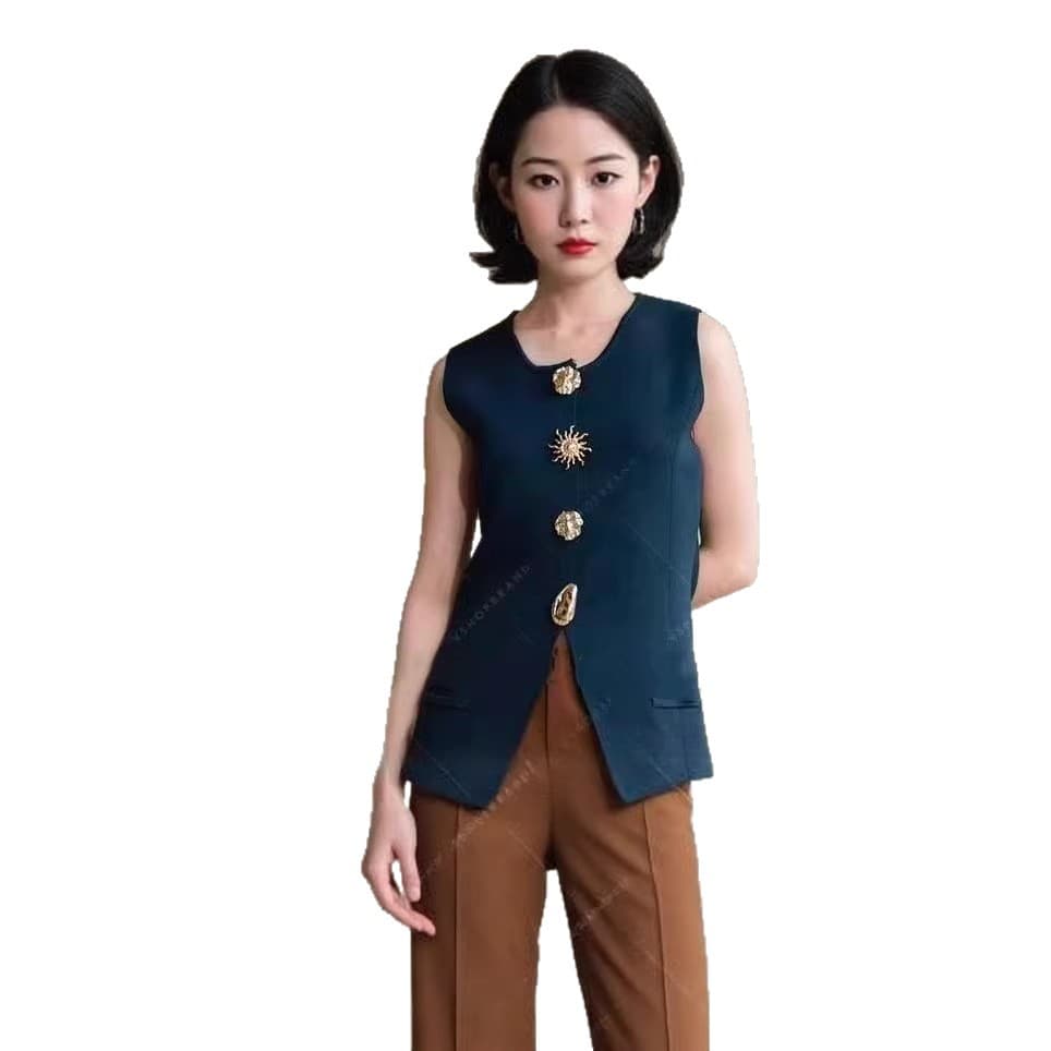 Cross-Border Women's European & American Vest Gold Button Cardigan British Style Fitted Top