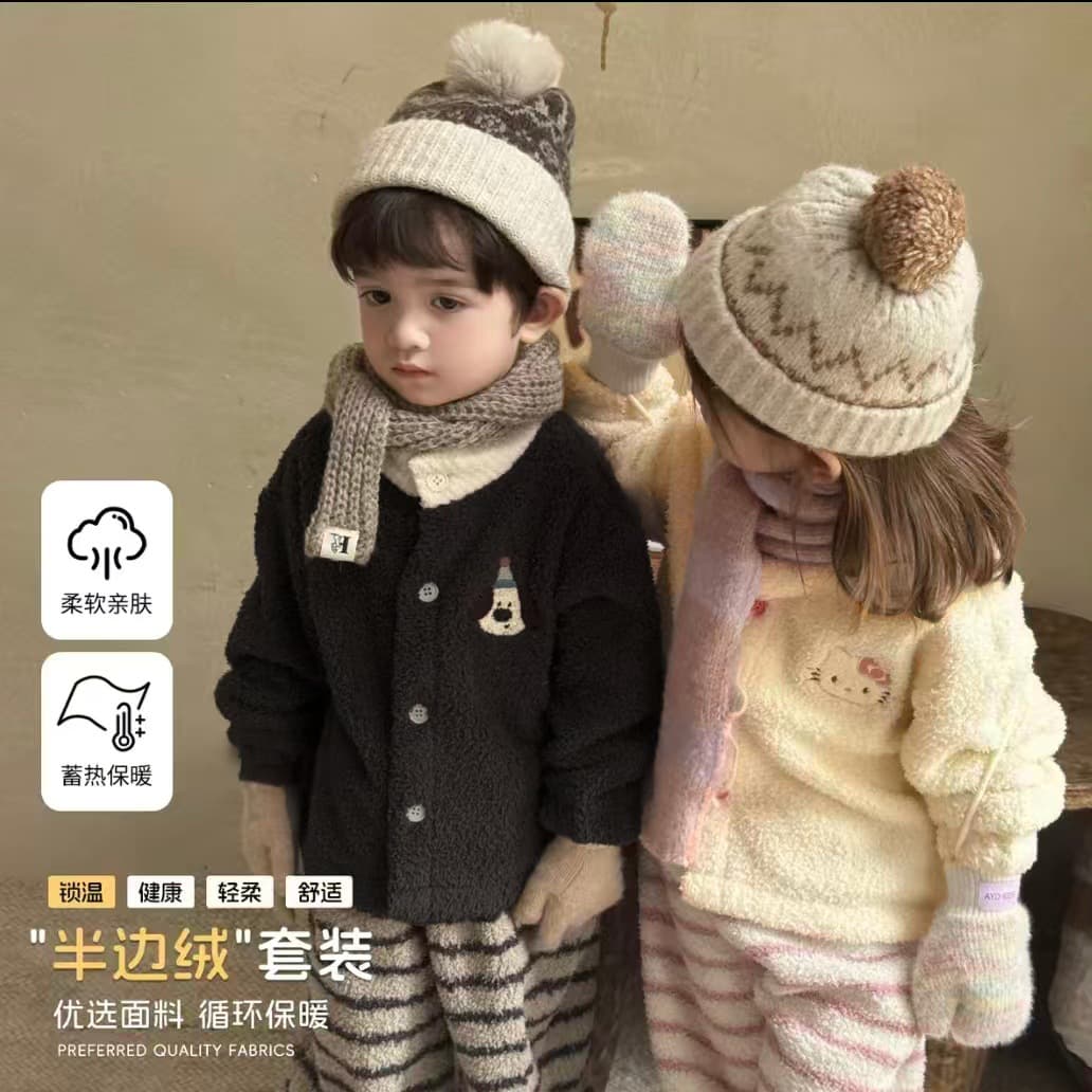 Children's suit autumn and winter new thickened half-velvet men's and women's same Korean style loose home clothes soft two-piece set