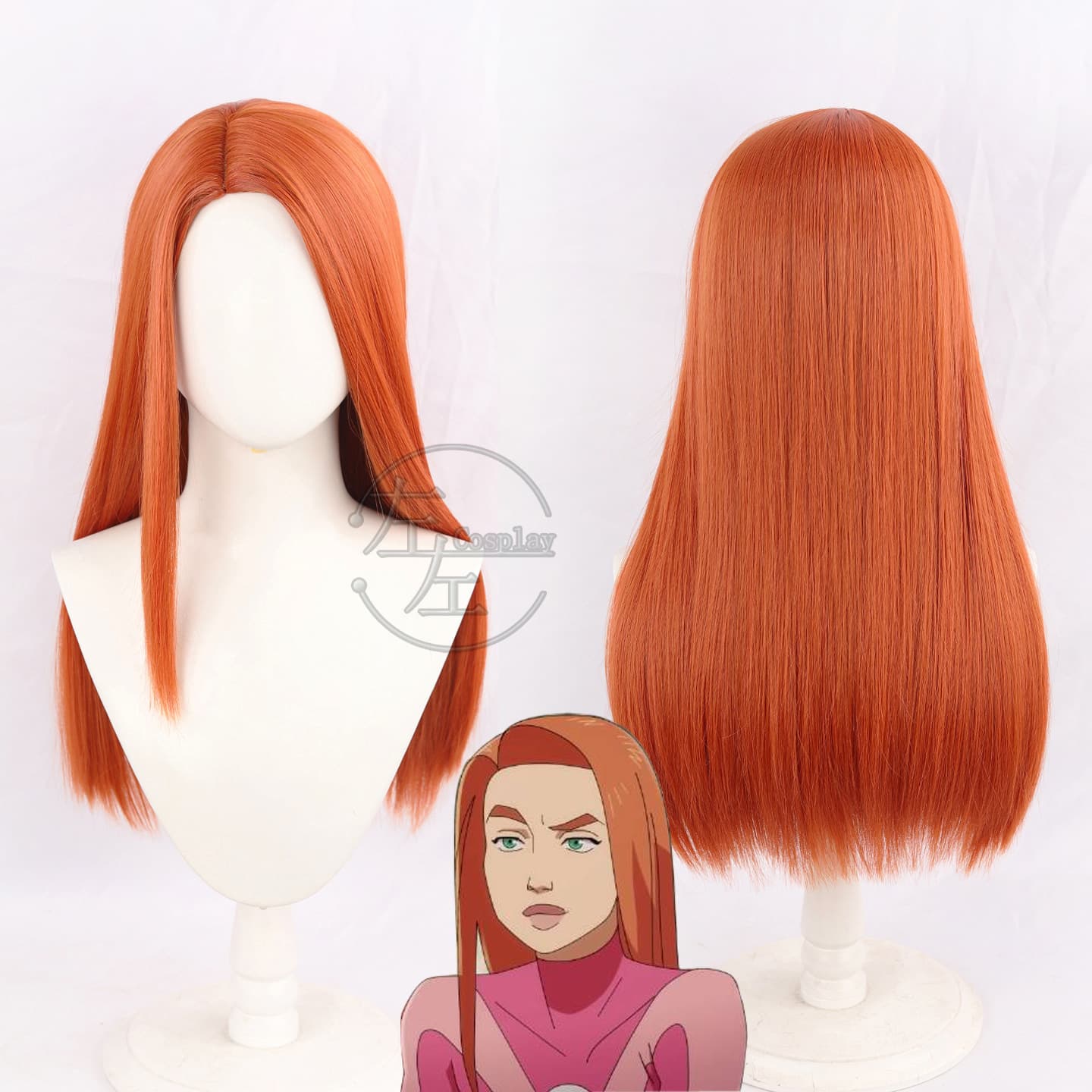 Left and right Invincible Young Hero Eve cos wig 60cm orange long hair side parted scalp