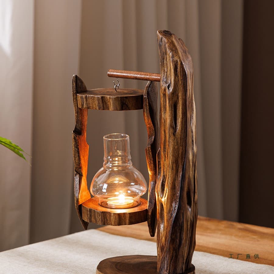 Thai wooden lantern, creative candlestick, retro Southeast Asian style, glass shade candlestick, outdoor windproof lantern, Zen-inspired ornament.