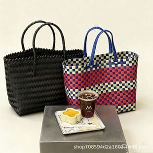 Customizable Color-Block Handwoven Shopping Basket Large Open-Top Grocery Bag Women's Handbag Versatile Commuter