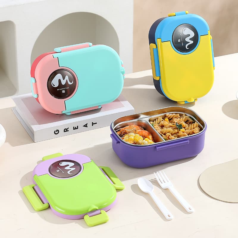 Simple Student Snap-Lock Divided Lunch Box and Water Cup Set, 304 Stainless Steel Bento Box for Office Workers
