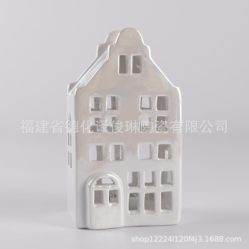 Christmas House Candle Holder Ornament, European-American Style Christmas Ceramic Craft, White Hollow Candle Holder Glossy House