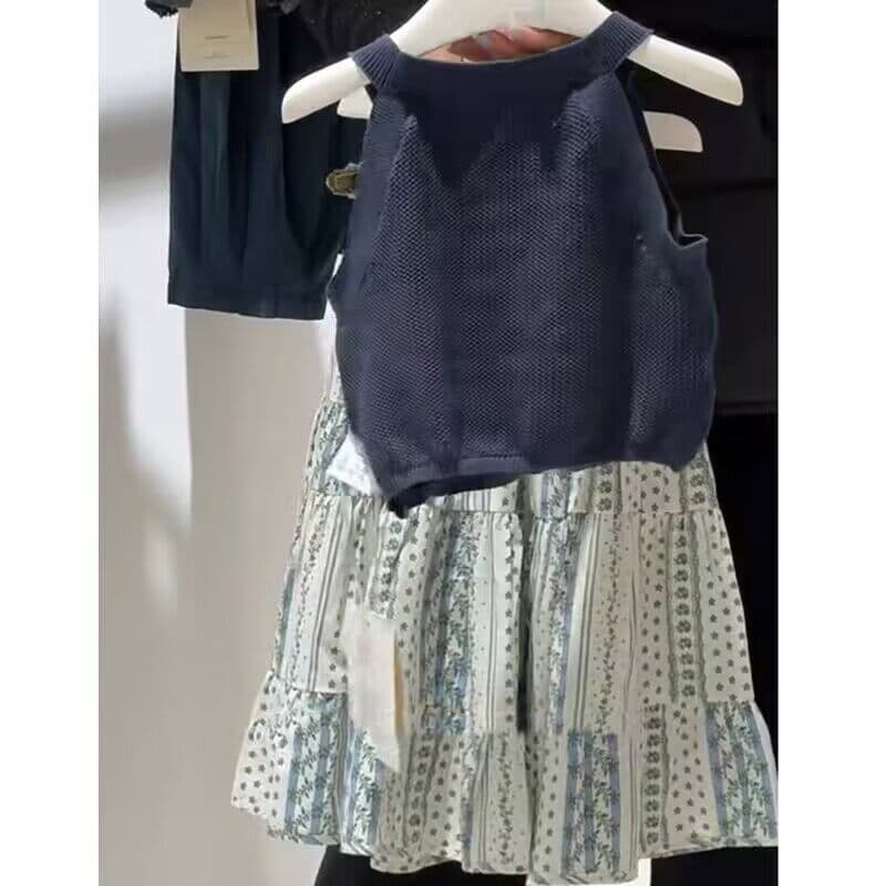 Kids Girls Set 26 Spring Summer Fashionable Casual Premium Knit Vest Children Ethnic Style Skirt