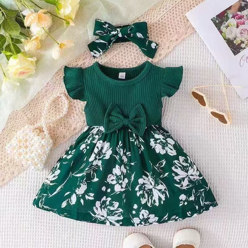 Baby Girls Summer Butterfly Bow Flutter Sleeve Princess Dress with Matching Headscarf