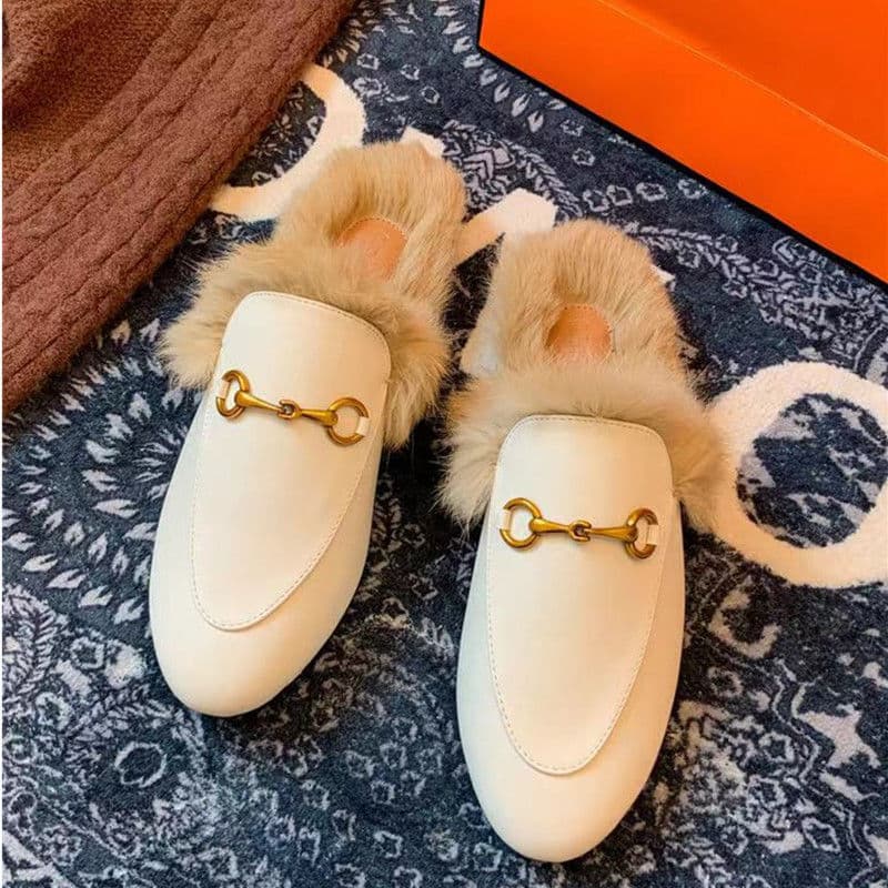 Genuine Leather Fur Half-Slip 2025 New Autumn Winter Women's Shoes Single Shoes Women Horsebit Buckle One-Strap Warm Fur Shoes Women
