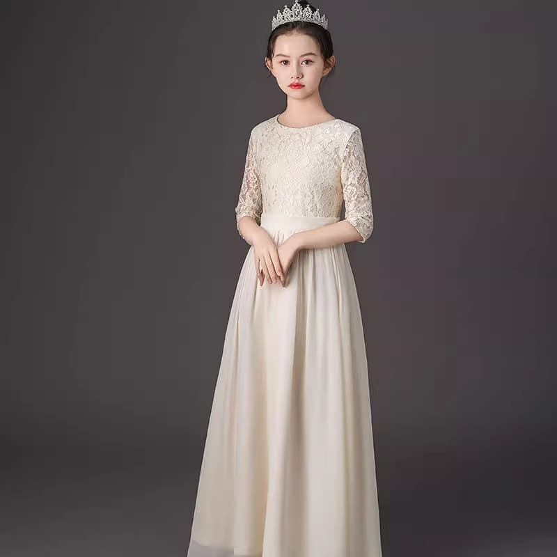 High-end floor-length children's piano long black stage dress guzheng big violin performance dress lace