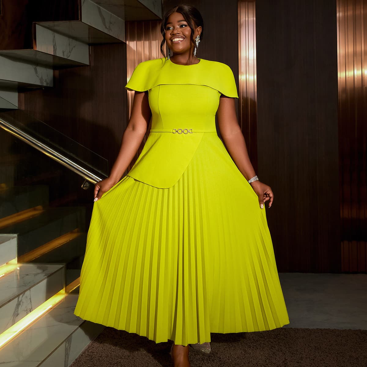 AM040924 Plus Size Solid Color Cape Sleeve Dress Elegant Banquet Party Pleated Dress