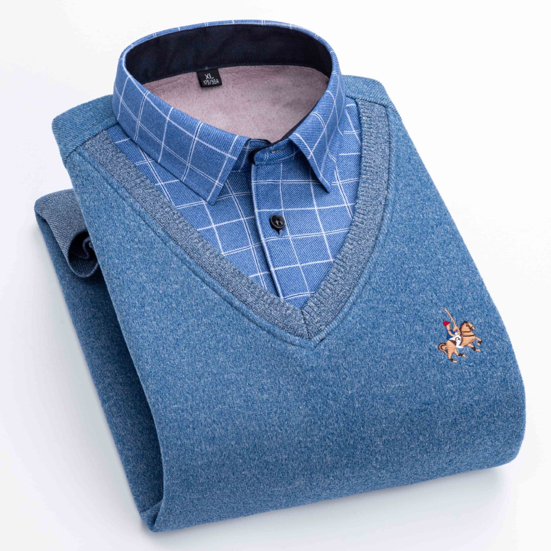 Autumn/Winter Faux Two-Piece Men's Fleece-Lined Thick Knit Sweater with Collar, Warm Shirt for Middle-Aged and Young Men, Dad Outfit