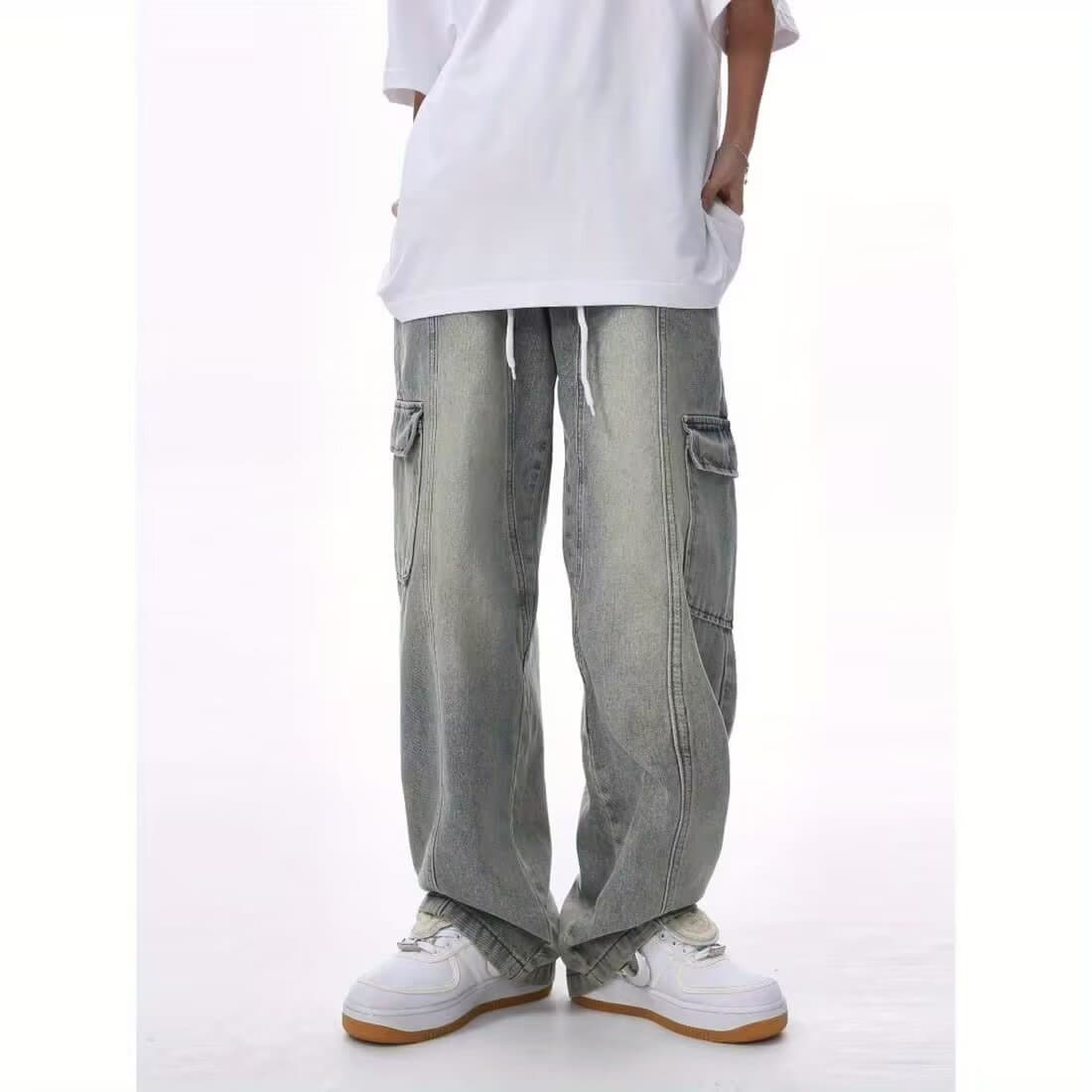 American Retro Yellow Mud-Dyed Drawstring Cargo Jeans for Men, Spring/Autumn Street Style, Elastic Waist, Loose Straight-Leg Casual Pants