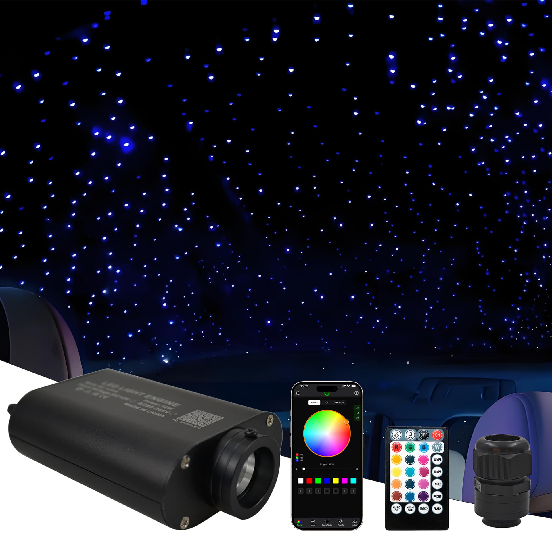 16W Car-Mounted Starry Sky Ceiling Fiber Optic Light Source, 12W Ambient Light Starry Sky Ceiling with APP Remote Control, Car Retrofit with Starry Sky