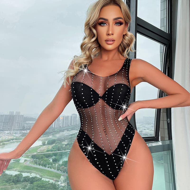 TZ71 Rhinestone Hotfix Vest Shiny Lingerie Sleeveless Mesh Bodystocking Lingerie