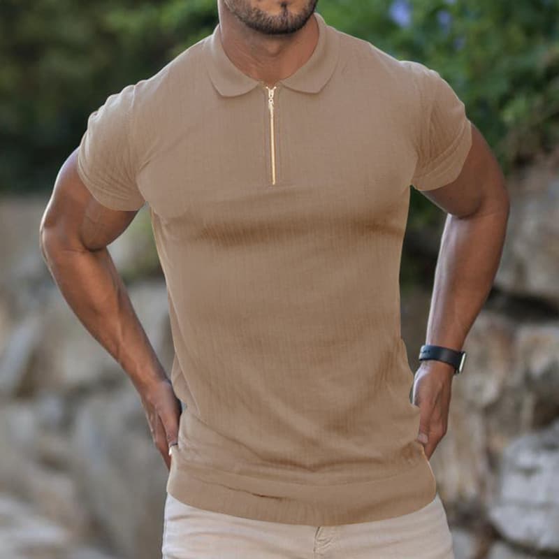 European and American Cross-border Trade Wish Men's Summer Sports Fitness Casual Zippered Stretch Vertical Striped Short Sleeve Polo Shirt