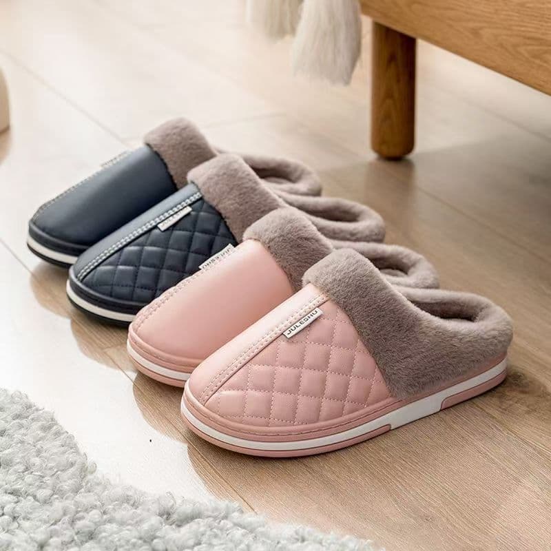 PU waterproof cotton slippers for men, winter indoor non-slip warm cotton shoes for seniors, plus size cotton slippers for women