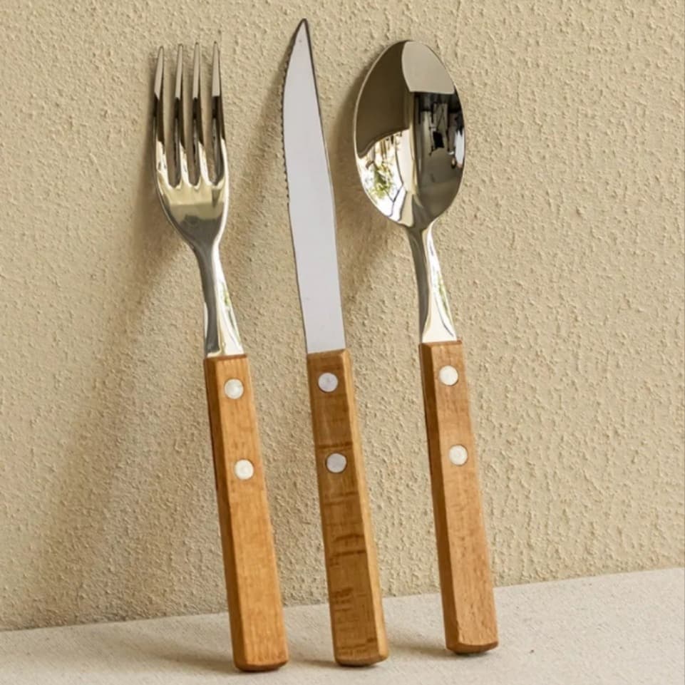 Ins retro beech wood handle knife fork spoon set cake knife fork afternoon tea tableware steak knife