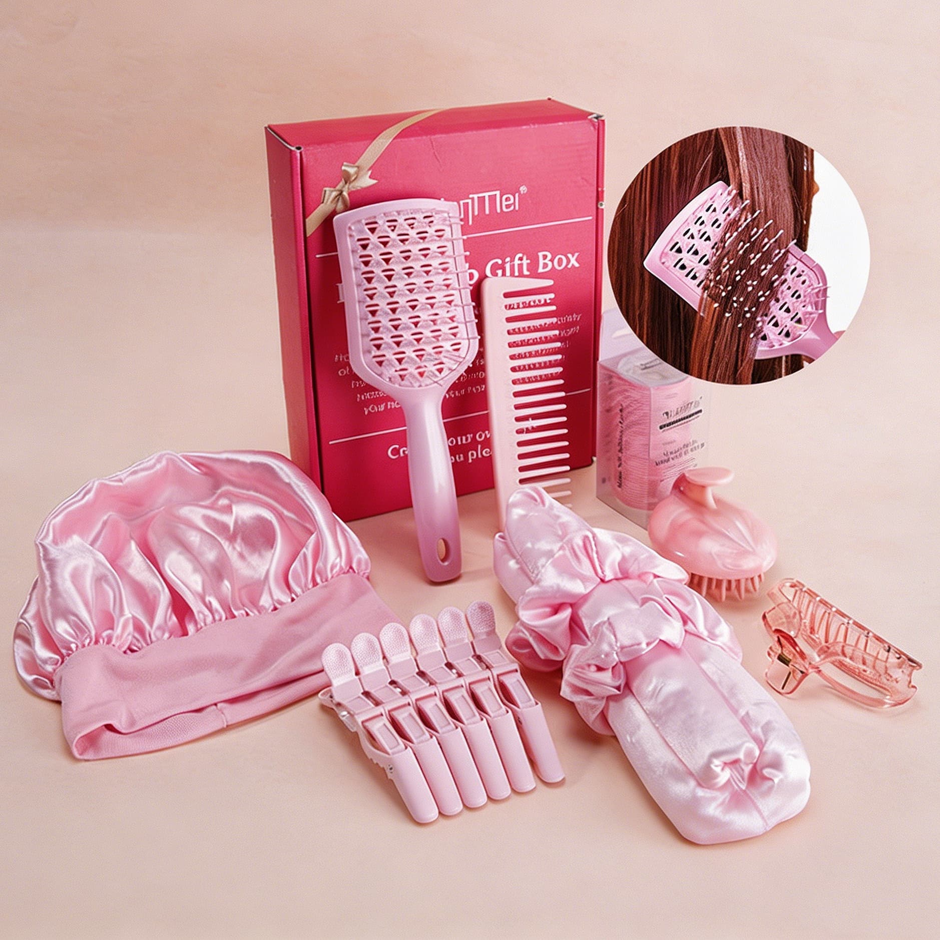 Cross-border Hot-Selling Rose Red Hollow Comb 16-Piece Gift Set, Volumizing Smoothing Massage Hairbrush, Factory Wholesale