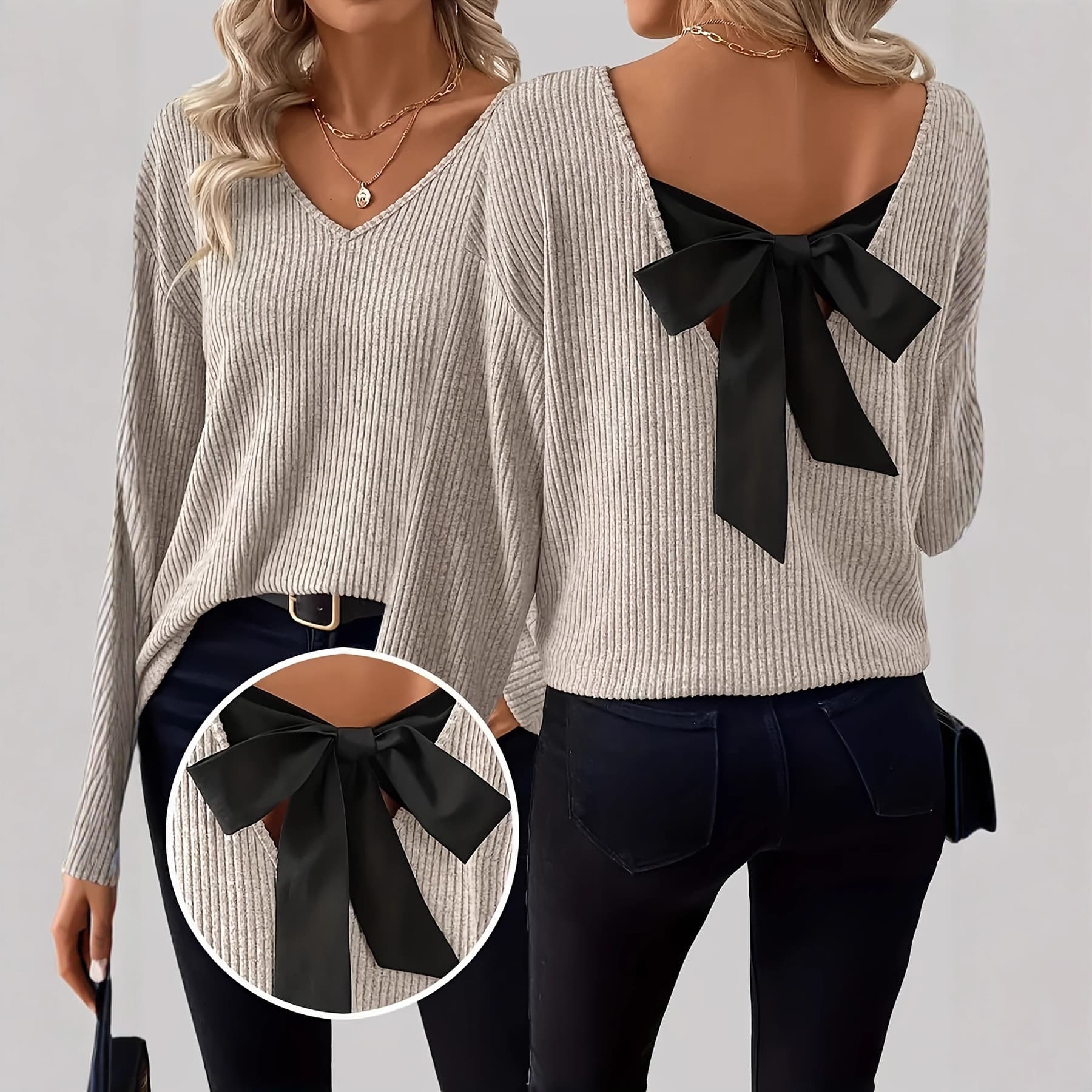 European and American fashion v-neck solid color sweater autumn foreign trade new long-sleeved casual loose bow top for women