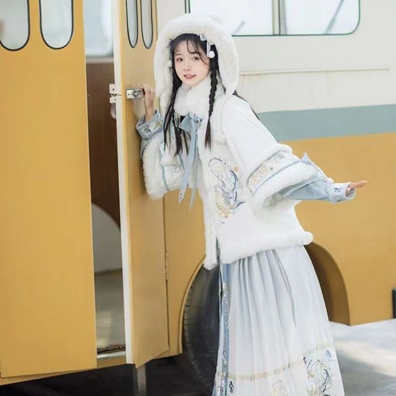 Embroidered Winter Thickened Ming-style Hanfu Women's Fleece Winter Wear Chinese Style Ancient Costume Short Jacket Chinese New Year Outfit Horse-face Skirt