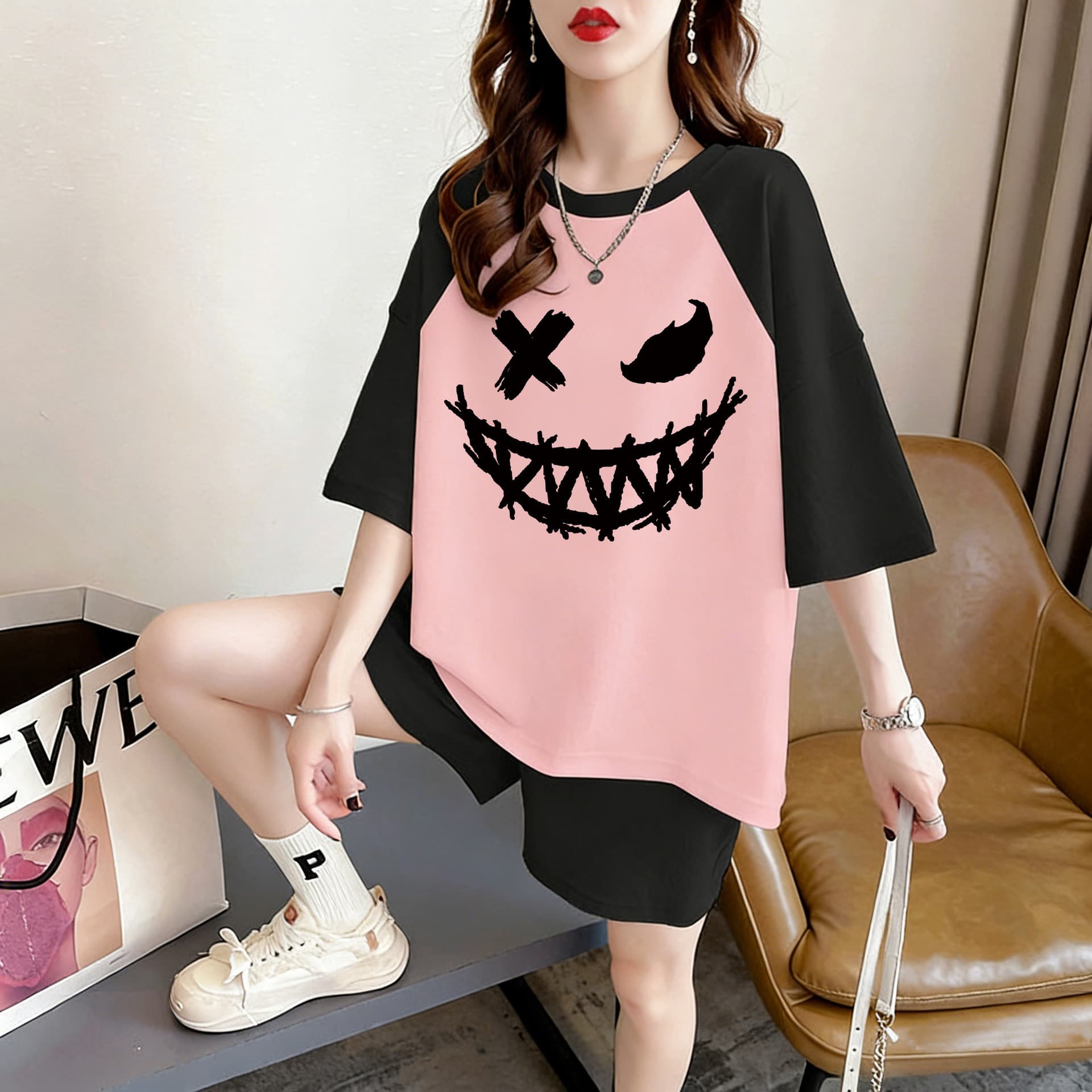 Raglan Cotton Short Sleeve T-Shirt Women 2026 New Trend Summer American Loose Half Sleeve Tee Design Top