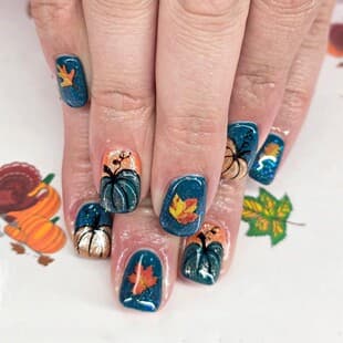 Retro Navy Blue Maple Leaf Pumpkin Wearable Nails Short Square Hand-painted Pumpkin Autumn Nails 24 Pieces Atmosphere Niche Nails