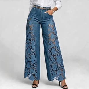 2026 High-Waist Wide-Leg Pants for Women Spring/Summer Fashionable Versatile Hollow Lace Patchwork Denim Flowing Pants