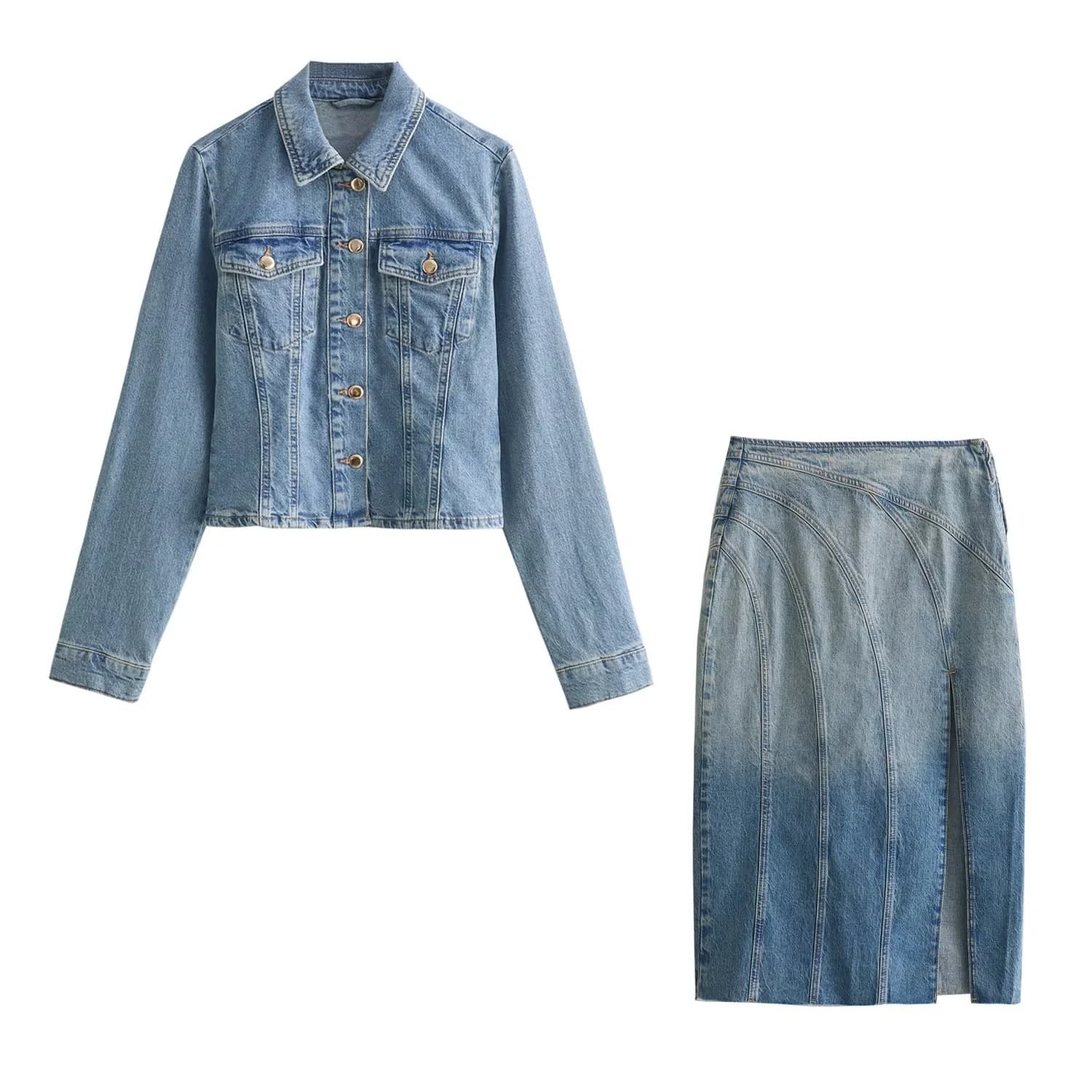 European and American Style Women's Fashion Cross-Border Best-Selling Slim-Fit Denim Jacket + Midi Denim Skirt Set