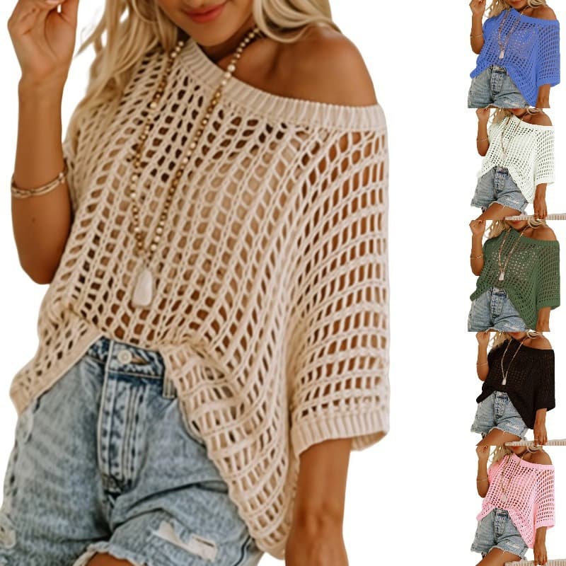 2025 Cross-Border Trade Summer Half-Sleeve Sexy Hollow Cutout Pullover Beach Cover-Up Knit Sweater for Women
