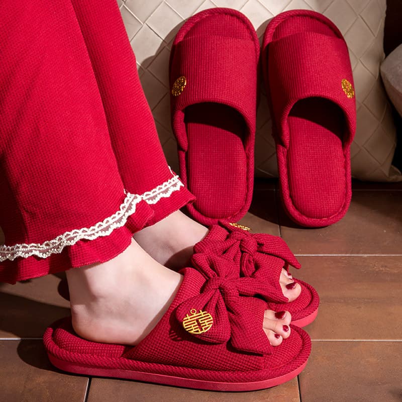 Red slippers for weddings, festive pair, summer anti-slip indoor home use, groom and bride dowry, couple slippers for weddings