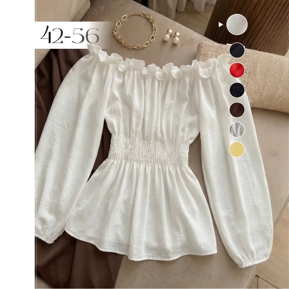 Plus Size Ruffled Off-Shoulder Chiffon Top, Waist-Tightening Slimming Versatile Long Sleeve Elegant Gentle Style Concealing Shirt